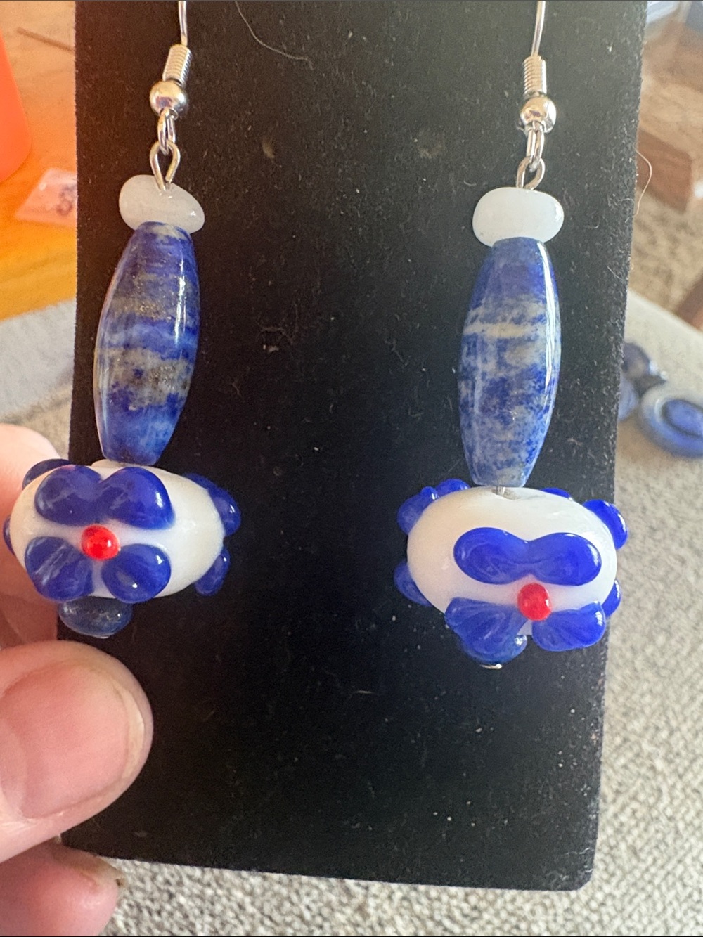 Hand Crafted Lapis Lazuli Stone and Glass Bead Dangle Earrings